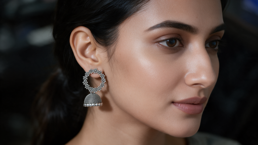 Oxidised Silver Floral Jhumka Drop Earrings