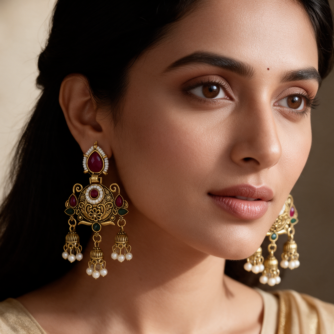 Antique Gold Ruby Green Pearl Jhumka Earrings