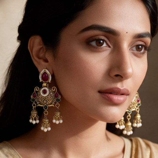 Antique Gold Ruby Green Pearl Jhumka Earrings