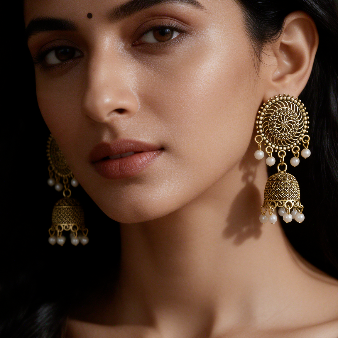 Antique Gold Pearl Jhumka Earrings