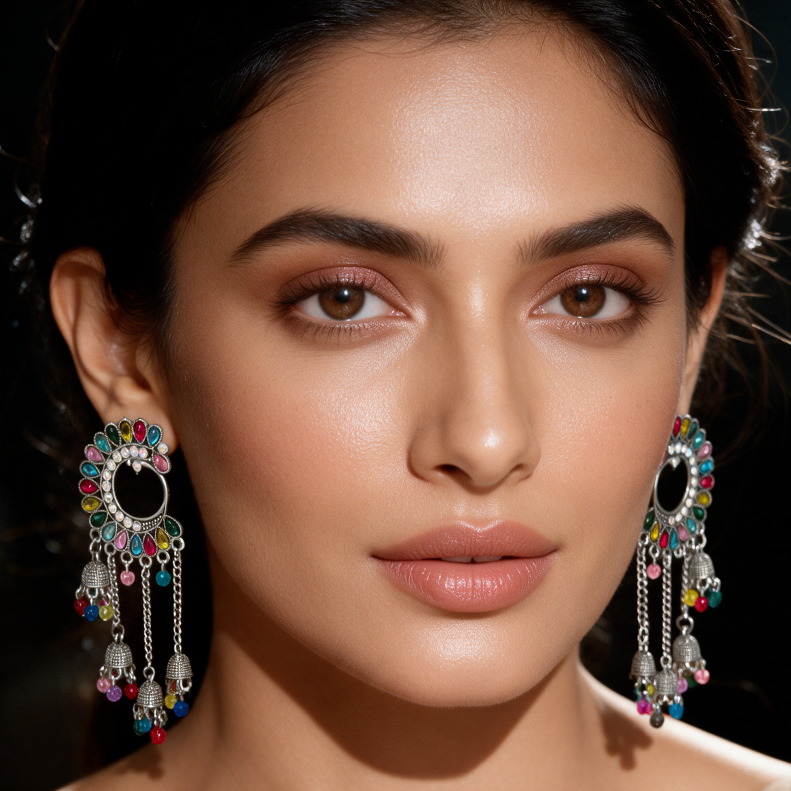 Multicolor Oxidised Silver Chain Jhumka Earrings