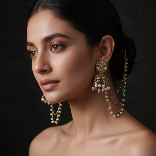 Antique Gold Kundan Pearl Jhumka Earrings with Chain