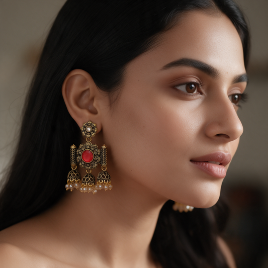 Oxidised Gold Floral Jhumka Earrings