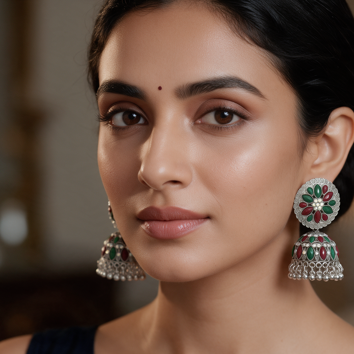 Oxidised Silver Multicolour Floral Jhumka Earrings
