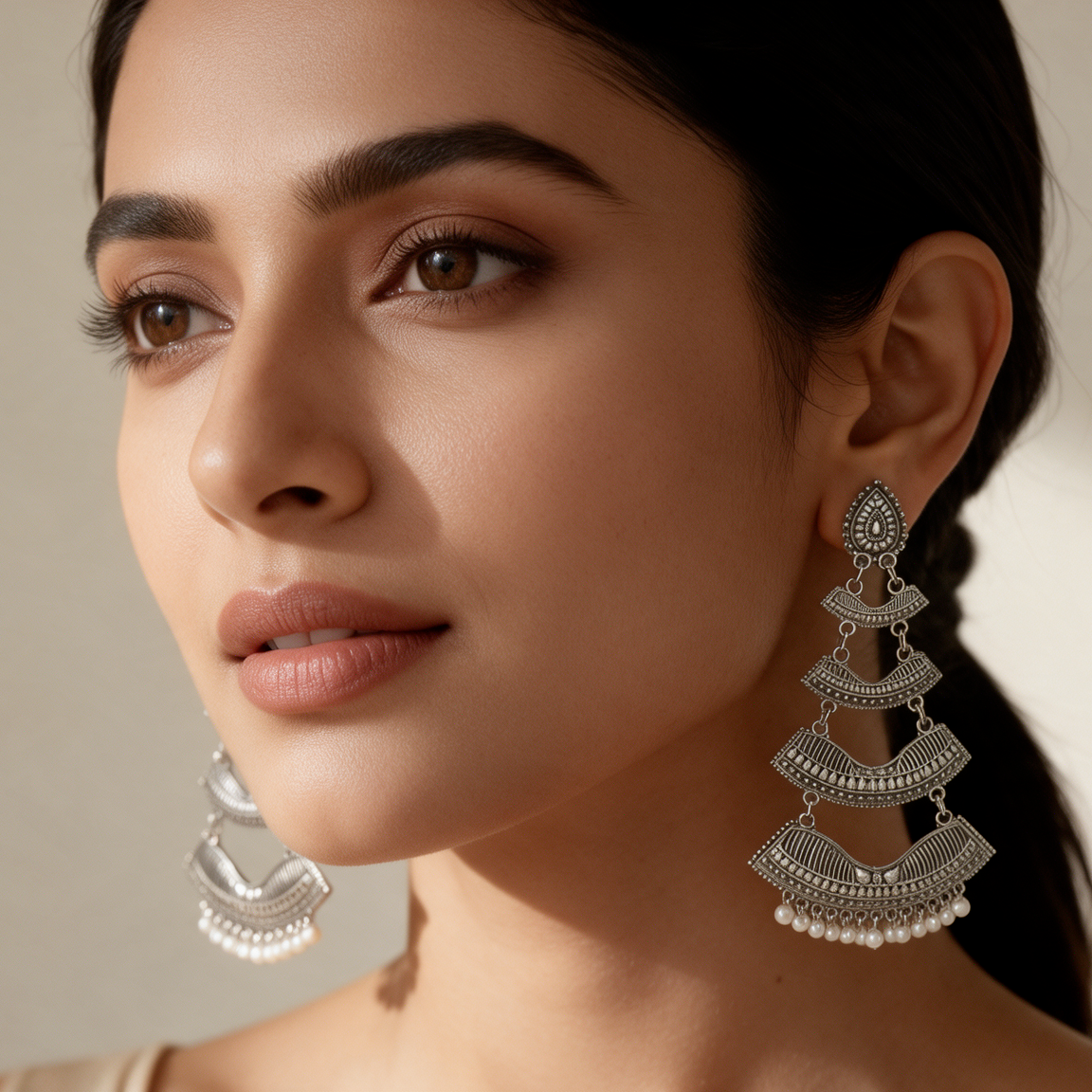 Oxidised Silver Layered Pearl Drop Earrings