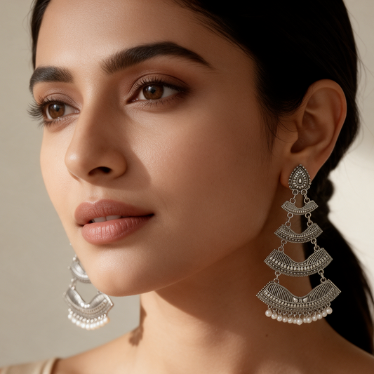 Oxidised Silver Layered Pearl Drop Earrings