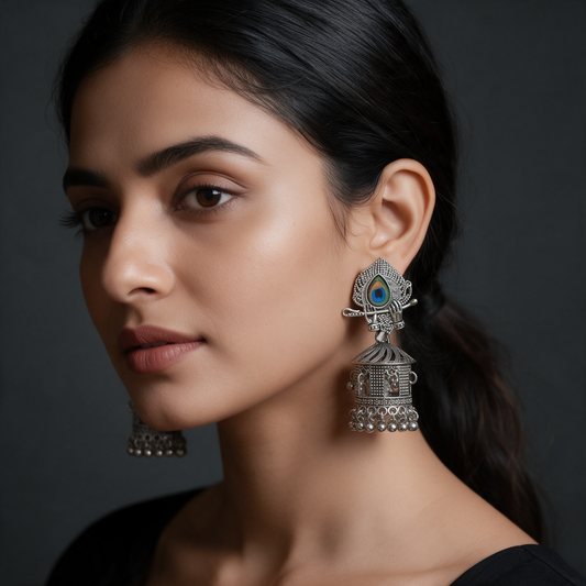 Peacock Feather Oxidised Silver Jhumka Earrings