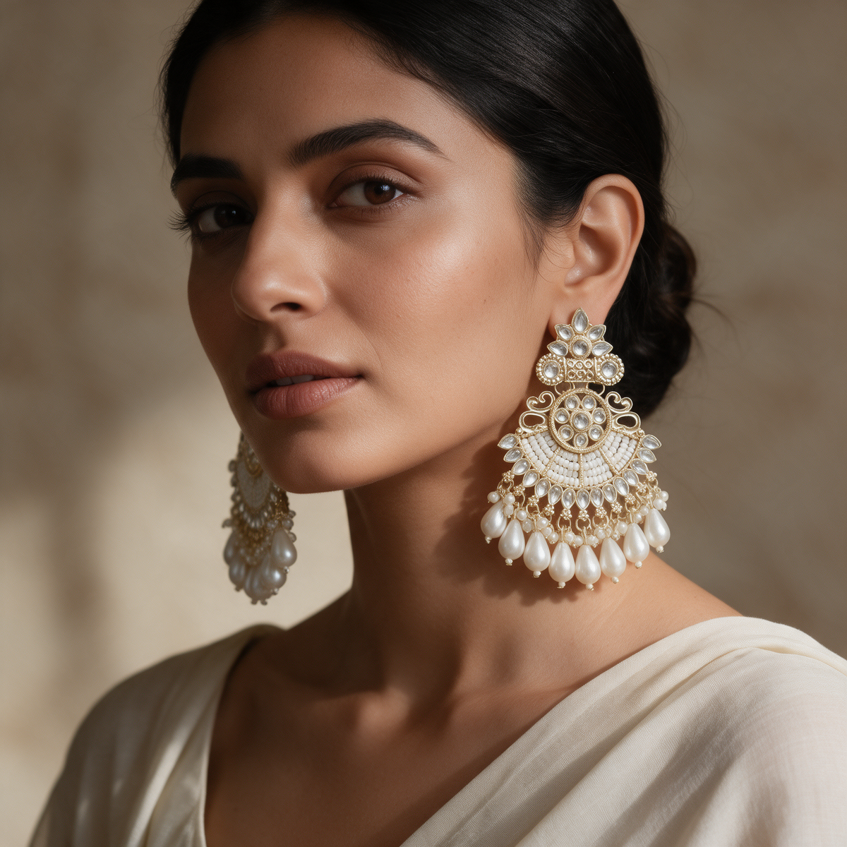 Pearl Kundan Chandbali Earrings
