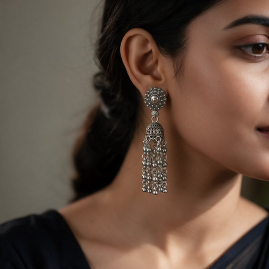 Oxidised Silver Ghungroo Tassel Earrings