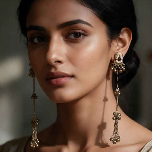 Antique Gold Long Chain Ghungroo Earrings
