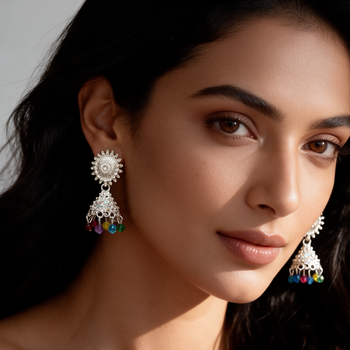 Silver-Tone Multicolor Beaded Jhumka Earrings