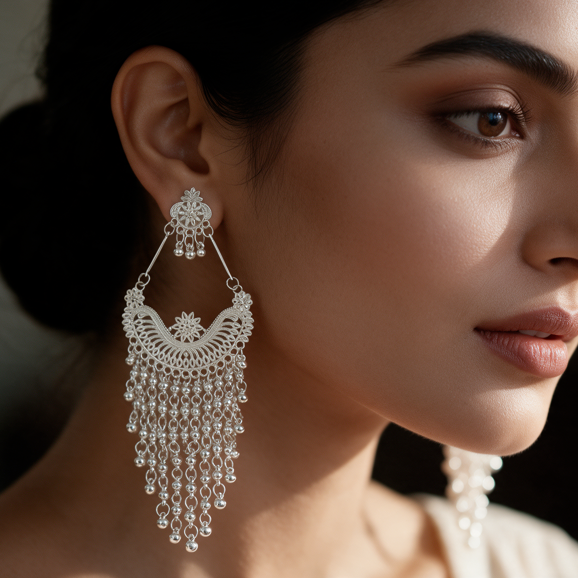 White Kashmiri Jhumka Earrings with Tassel Detailing