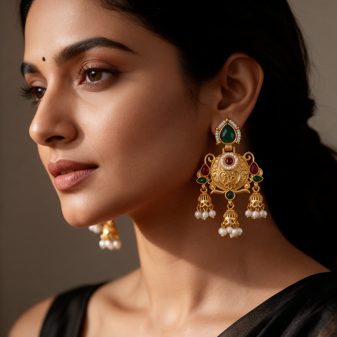 Multicolor Gold Jhumka Earrings with Red Accents
