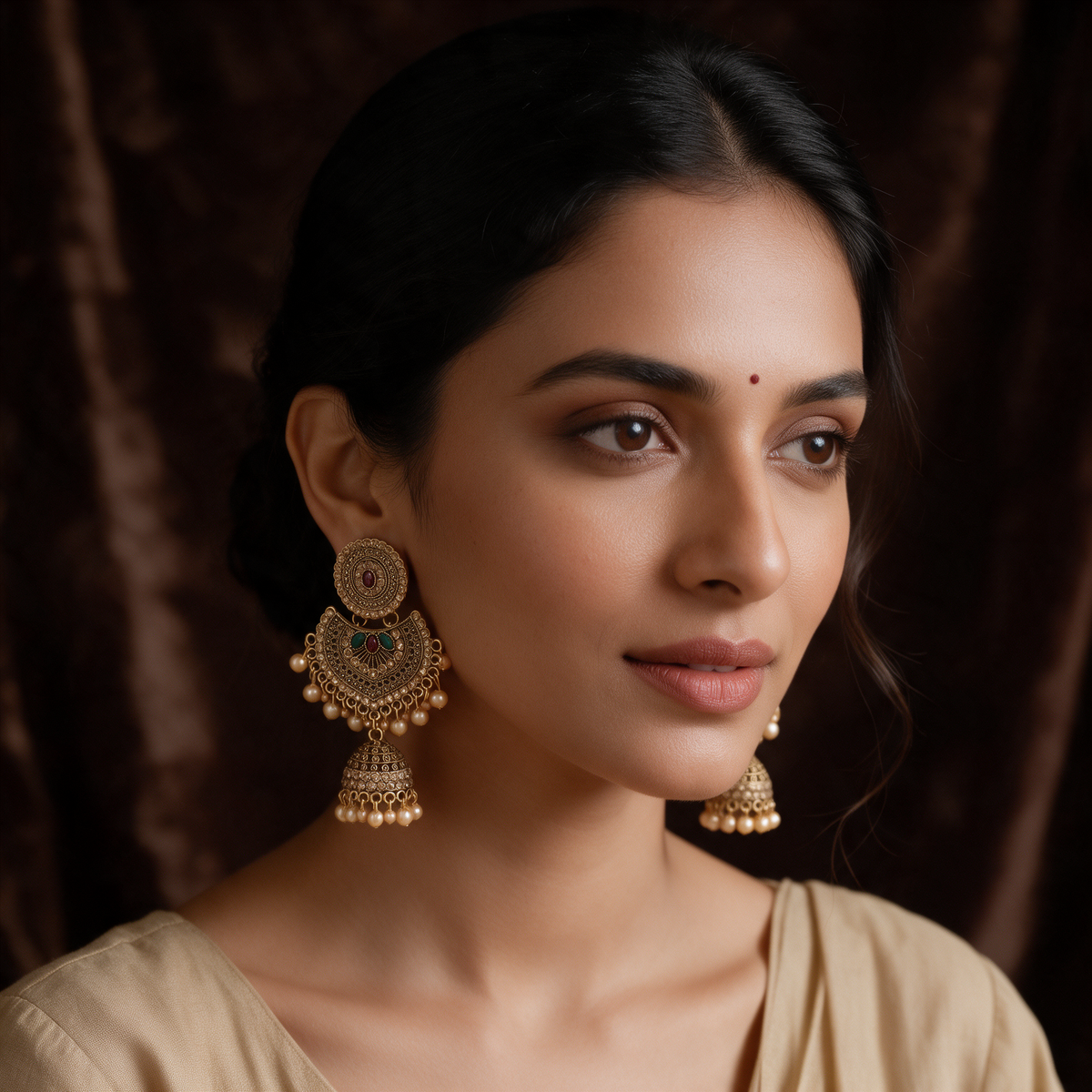 Antique Gold Plated Kundan Jhumka Earrings with Pearl Drops
