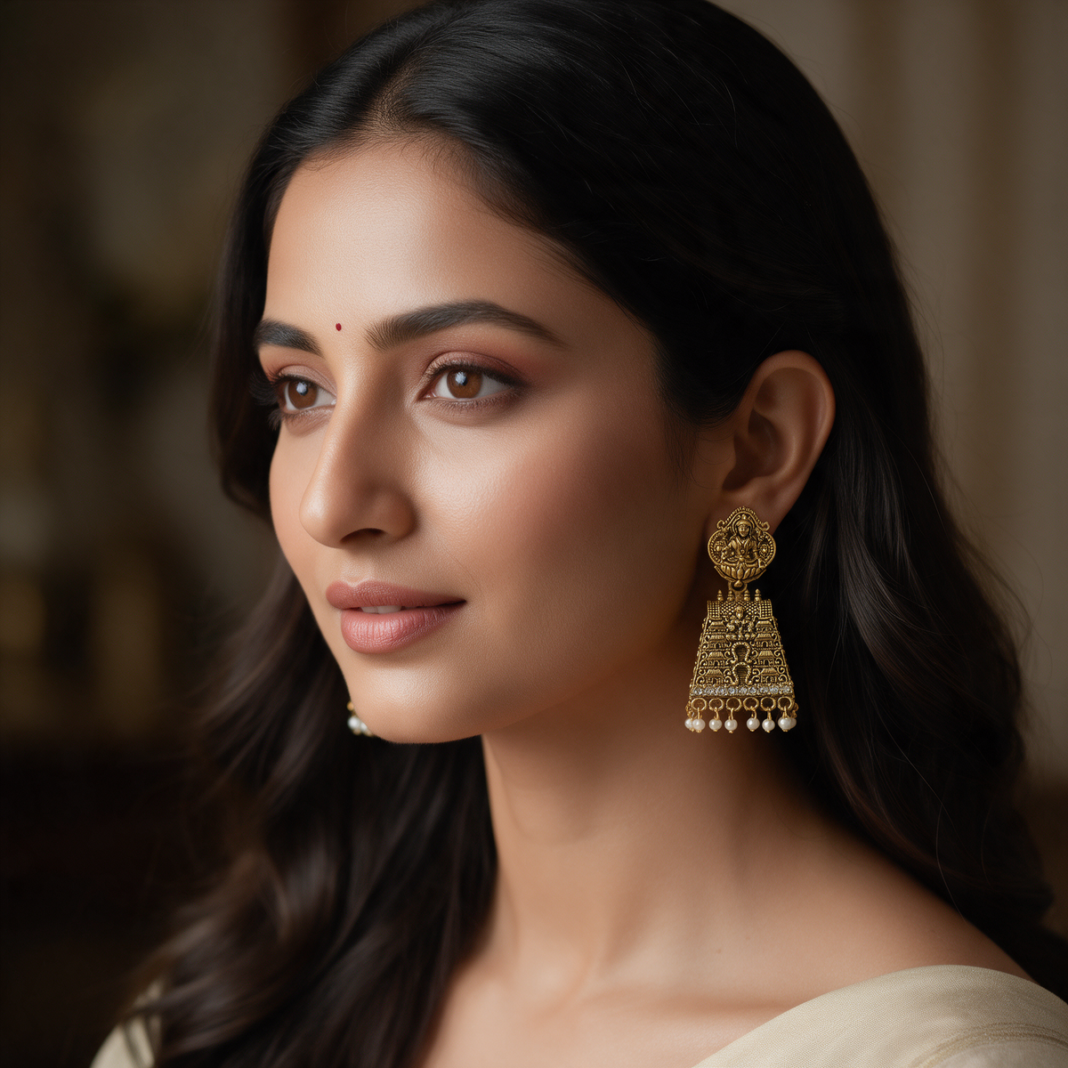 Gold Plated Temple Style Jhumka Earrings with Pearl Drops