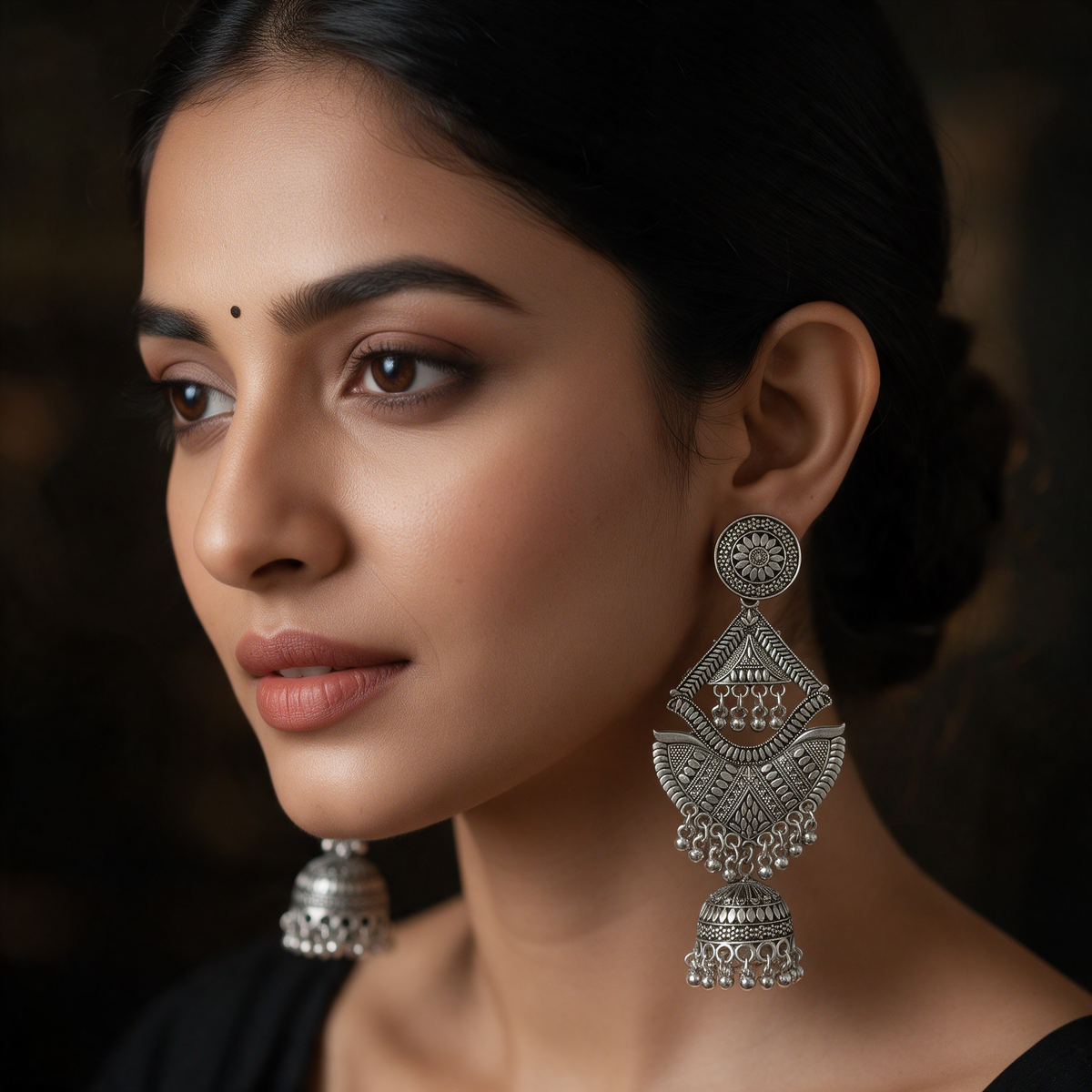 Oxidised Silver Chandbali Jhumka Earrings with Bell Drops