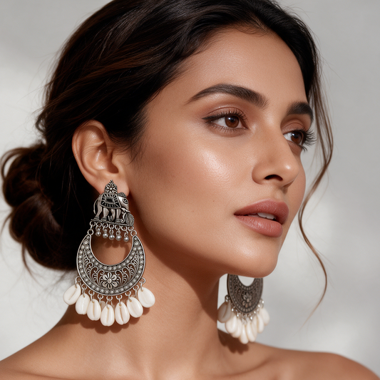 Oxidised Silver Elephant Chandbali Shell Earrings