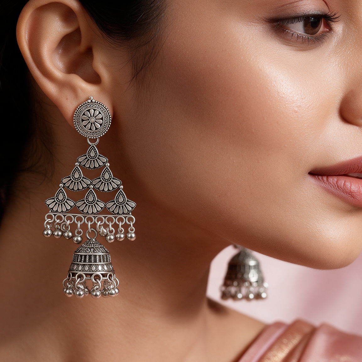 Oxidised Silver Layered Jhumka Drop Earrings