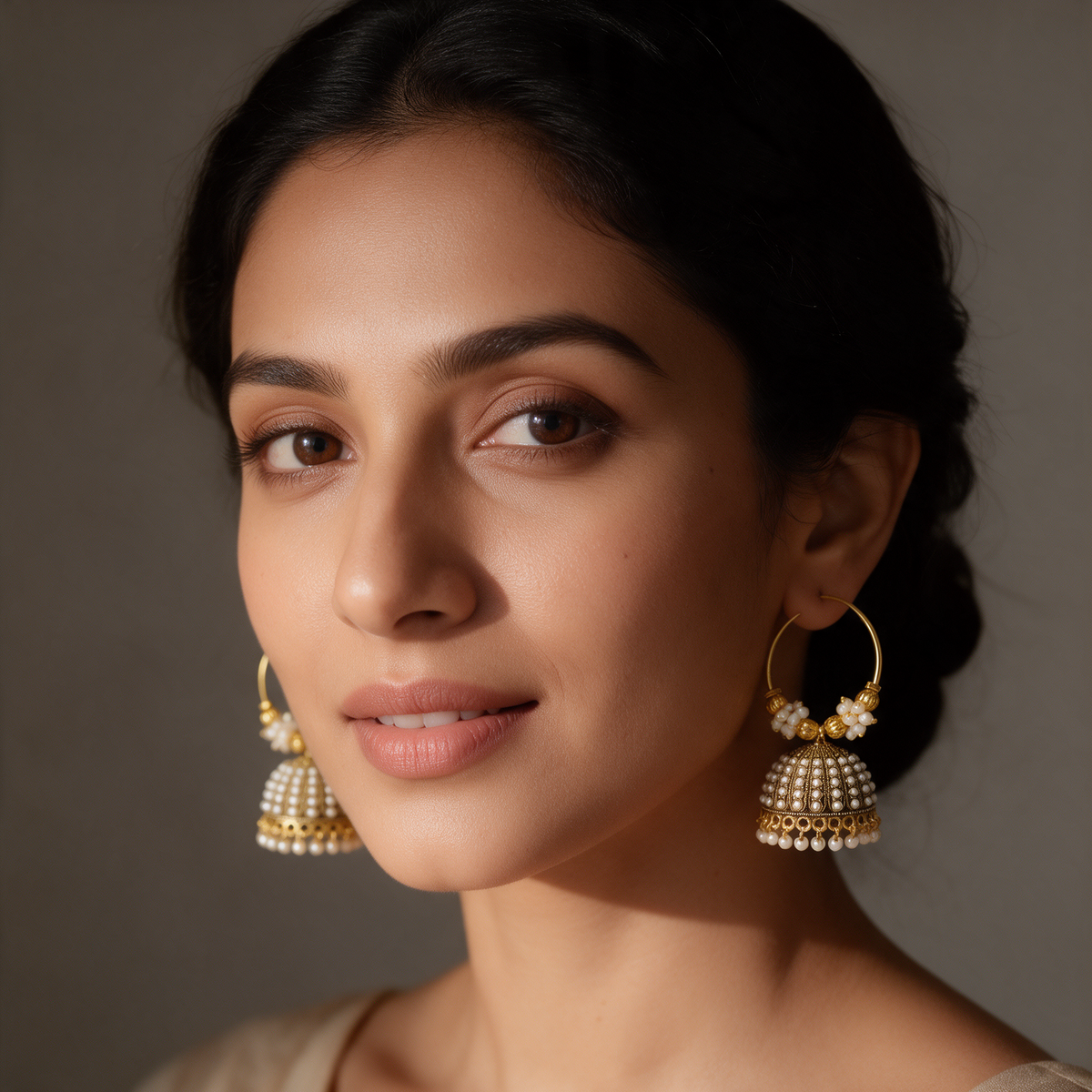 Gold Pearl Hoop Jhumka Earrings
