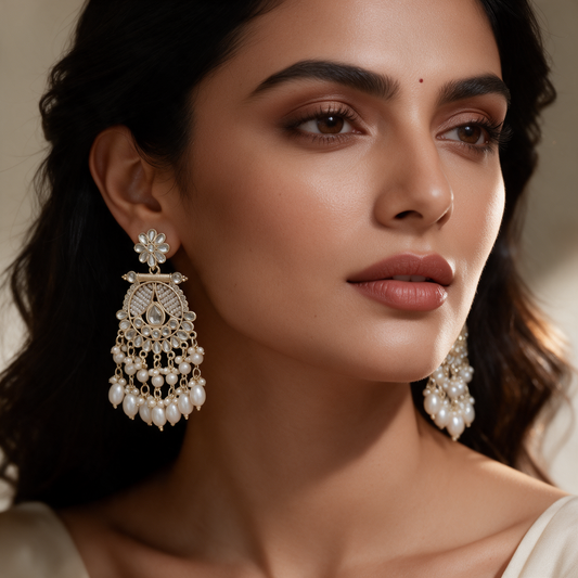 Pearl Kundan Chandbali Earrings