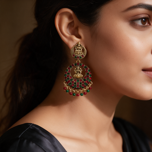 Antique Gold Lakshmi Multicolor Chandbali Earrings