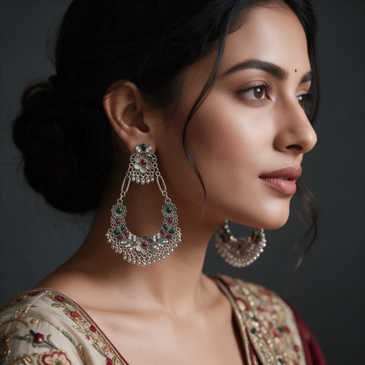 Oxidised Silver Multicolor Floral Chandbali Earrings