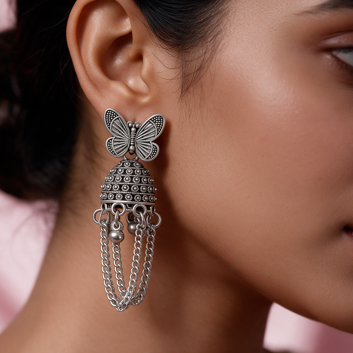 Antique Silver Butterfly Jhumka Chain Earrings