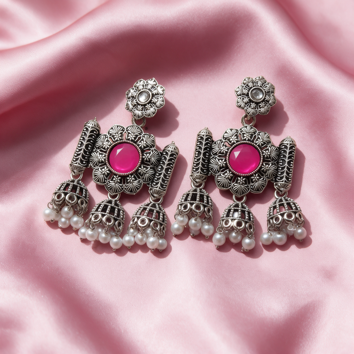 Oxidised Silver Floral Jhumka Earrings