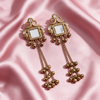 Gold Plated Mirror Stone Long Chain Jhumka Earrings