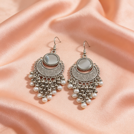 Oxidised Silver Mirror Chandbali Earrings