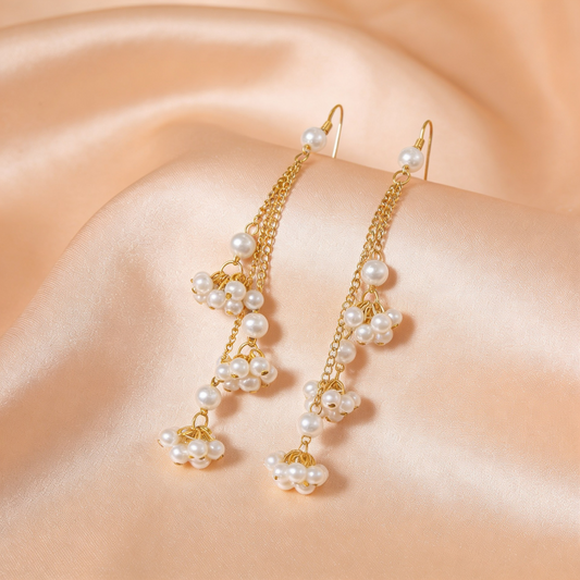 Golden Pearl Tassel Drop Earrings
