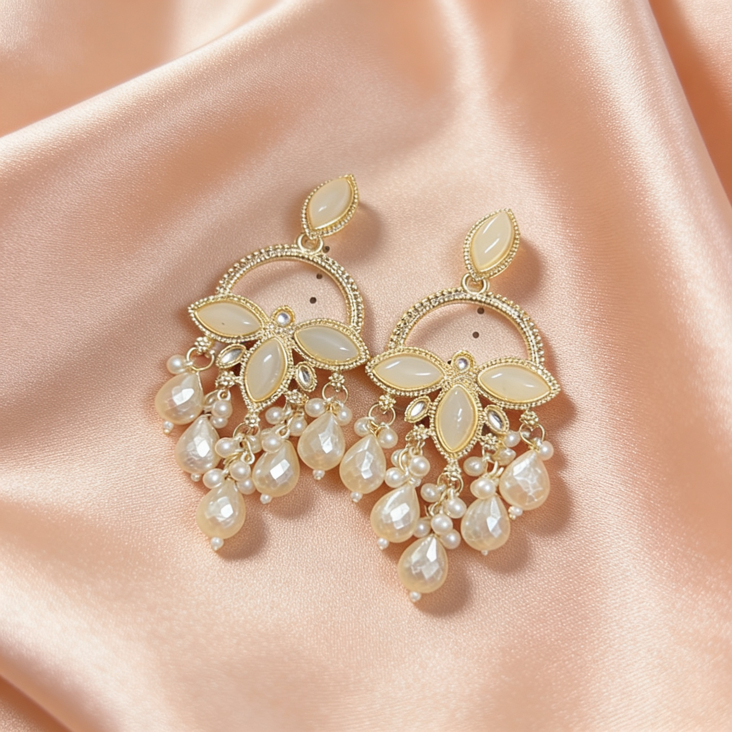 Gold Pearl Floral Chandbali Earrings