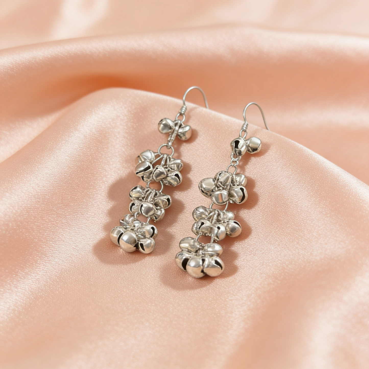 Oxidised Silver Floral Ghungroo Drop Earrings