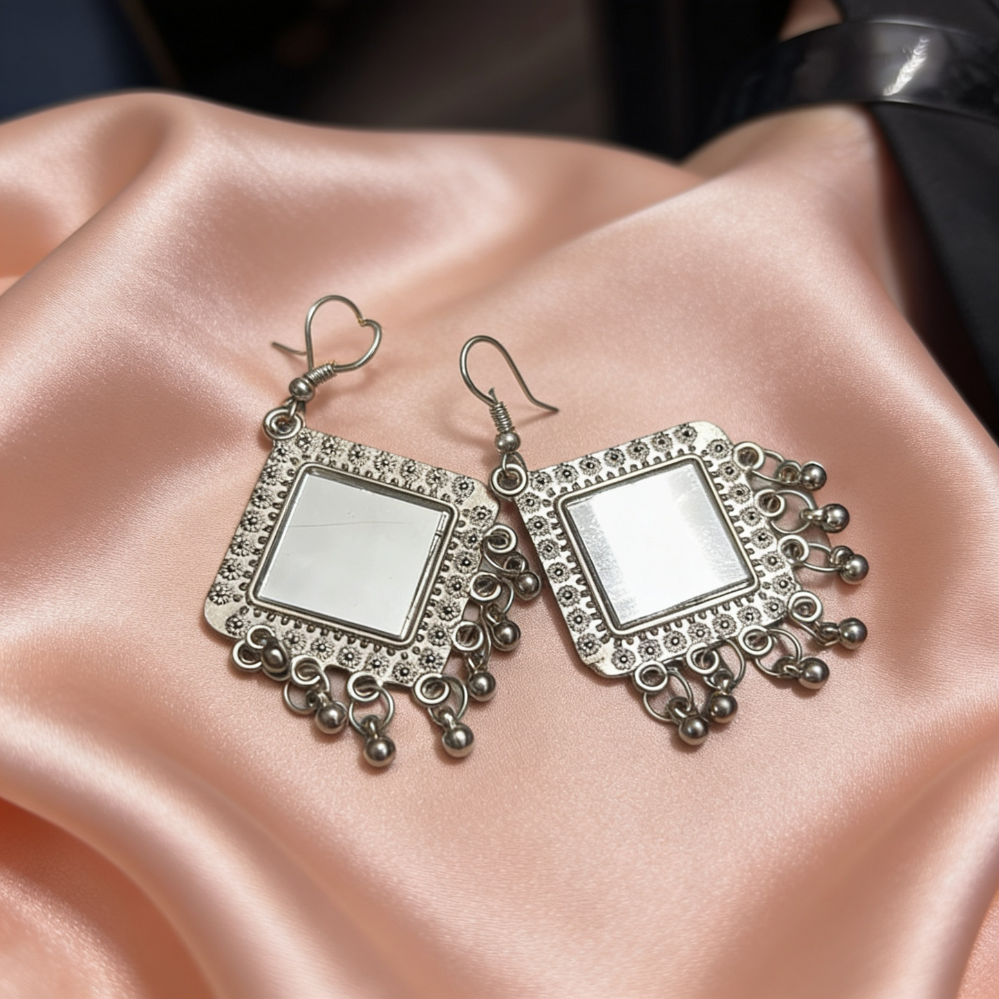 Oxidised Silver Square Mirror Drop Earrings
