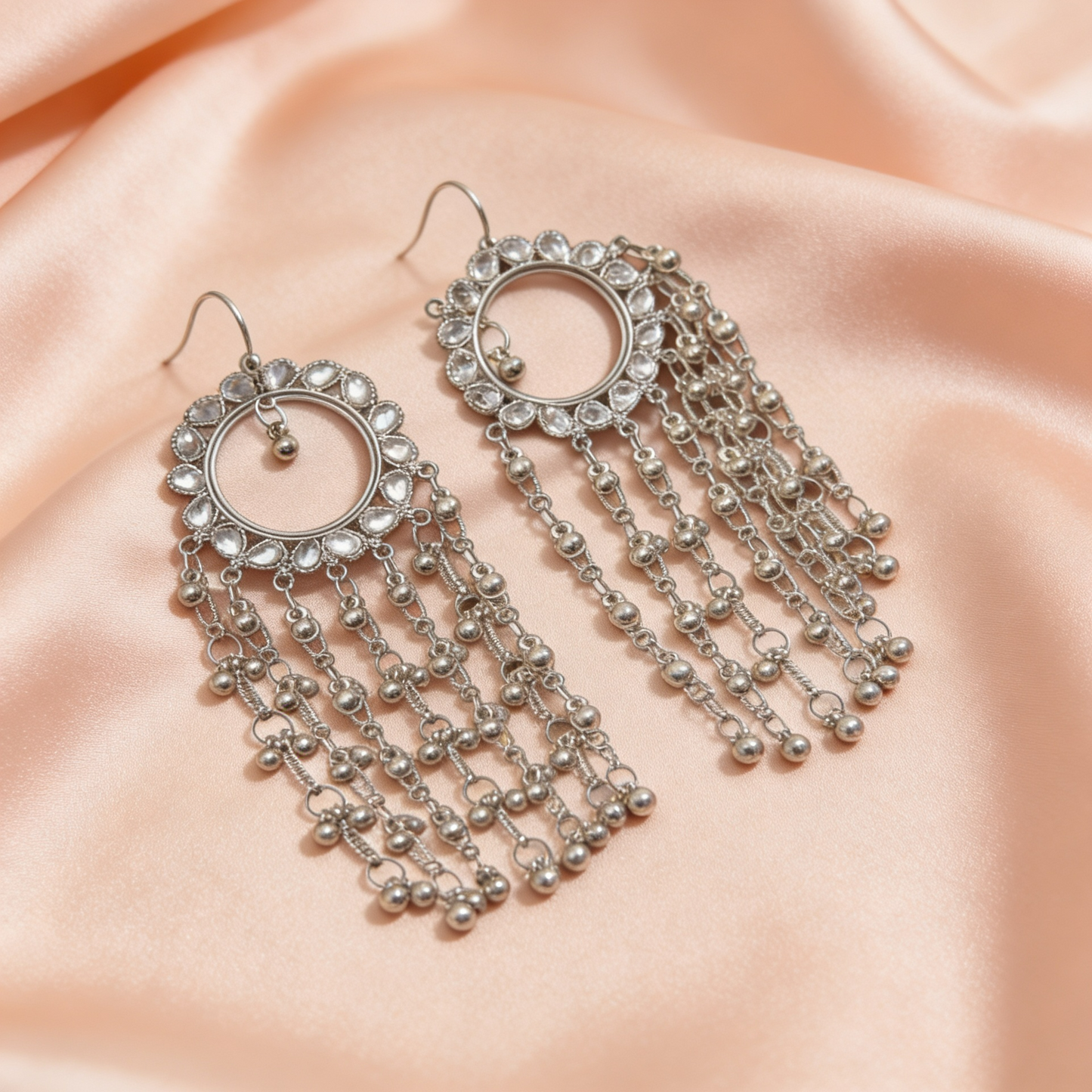 Oxidised Silver Hoop Chain Kashmiri Earrings