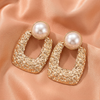 Gold Textured Pearl Square Drop Earrings