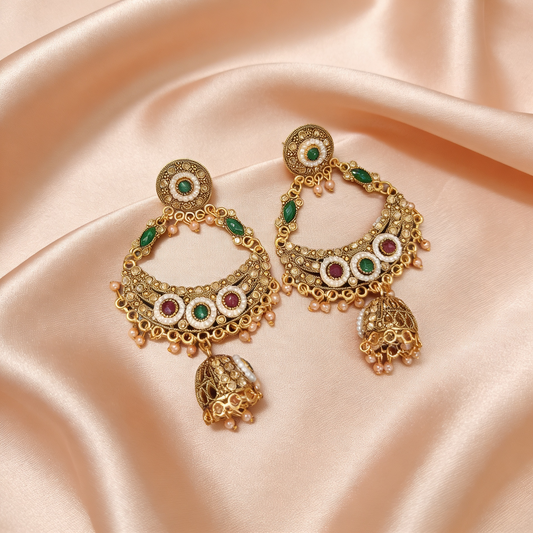 Traditional Gold-Plated Green & Red Stone Pearl Chandbali Jhumka Earrings