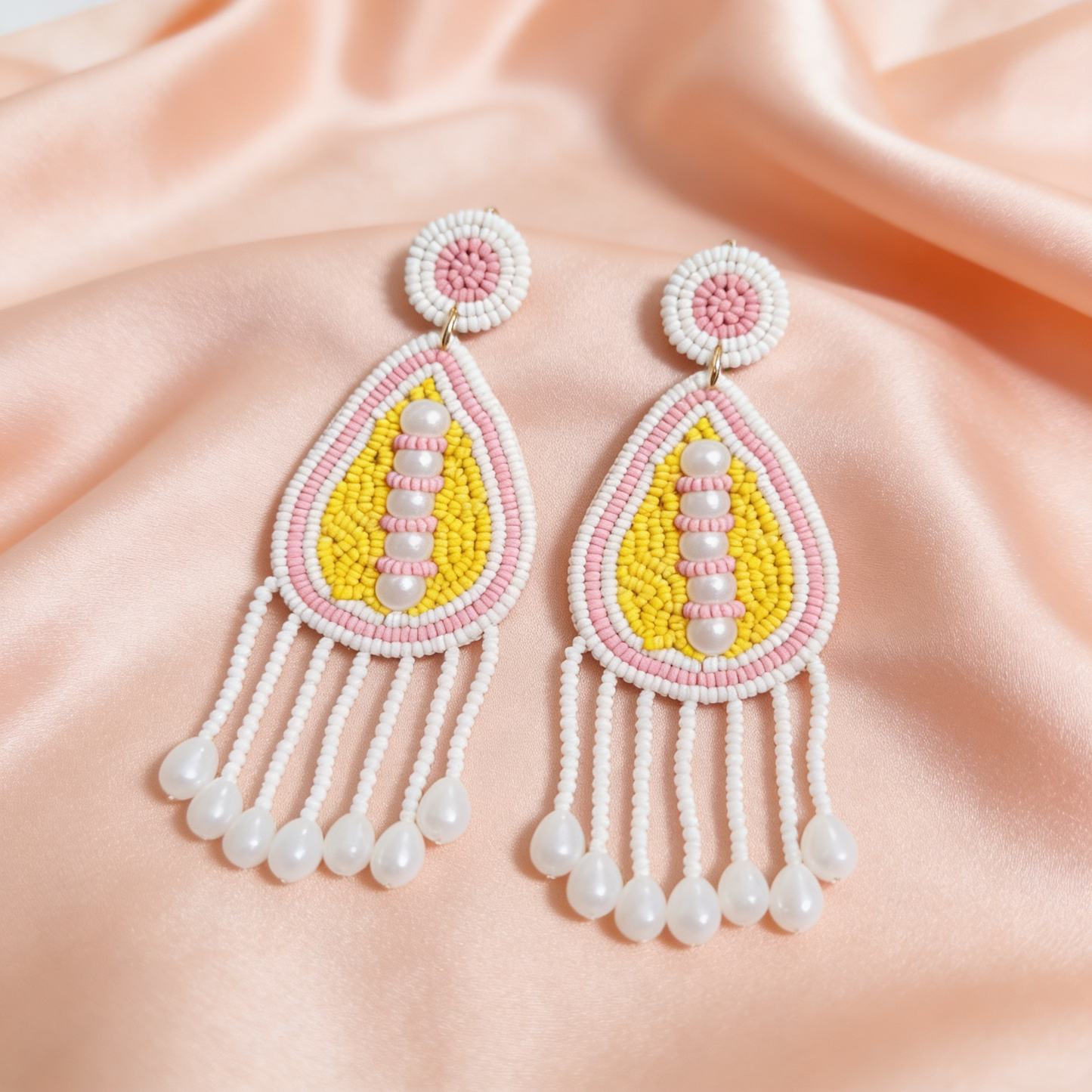 Pink nd Yellow Beaded Drop Earrings