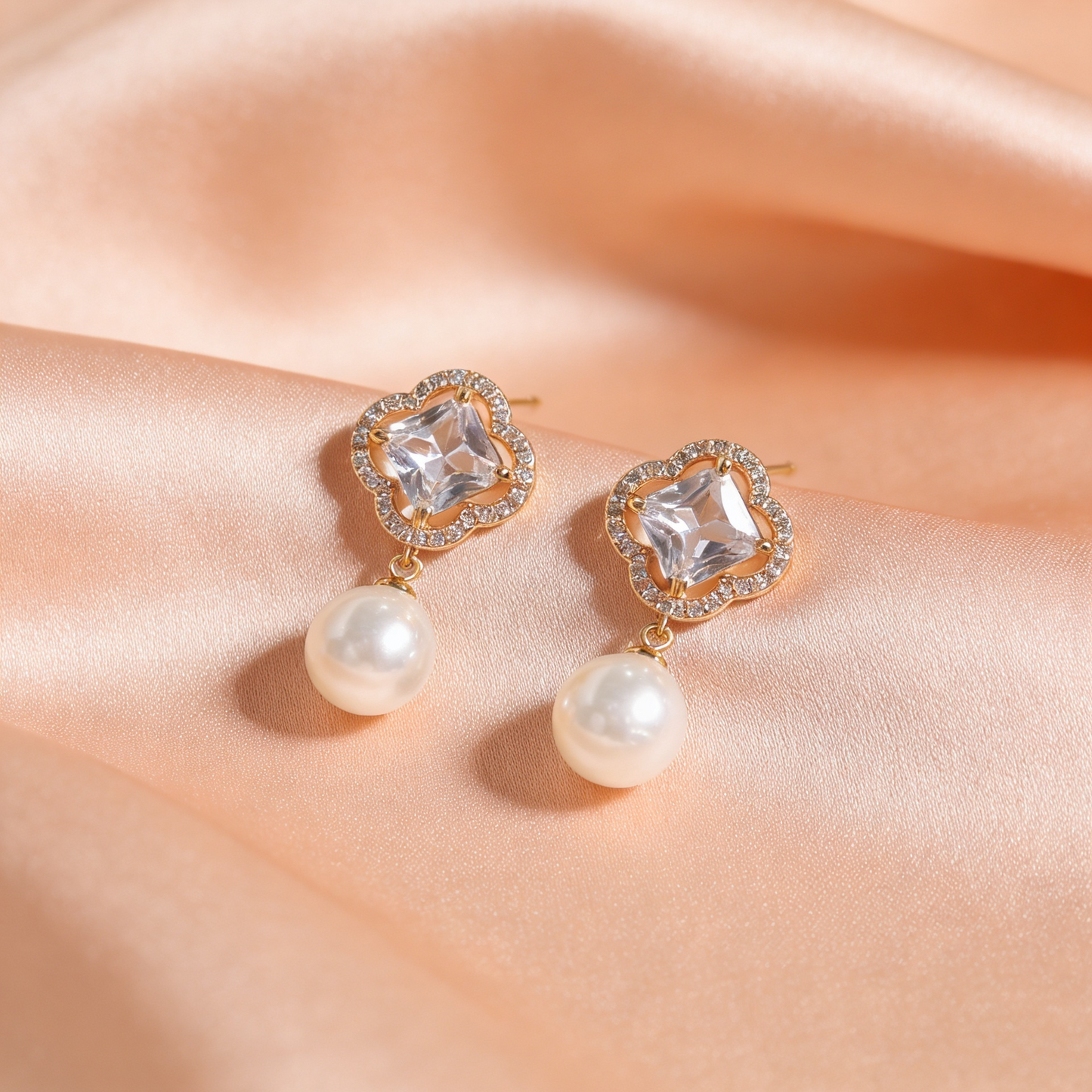 AD Pearl Rose Gold Crystal Drop Earrings