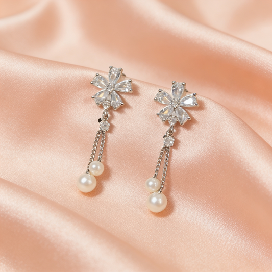 Flower Hang Silver Pearl Drop Earrings