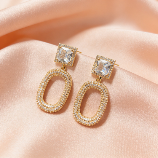 AD Oval Hanging Gold Drop Earrings