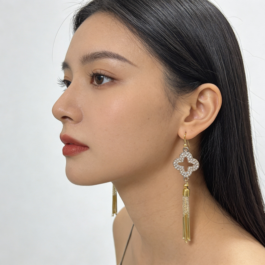 Gold Crystal Clover Tassel Earrings