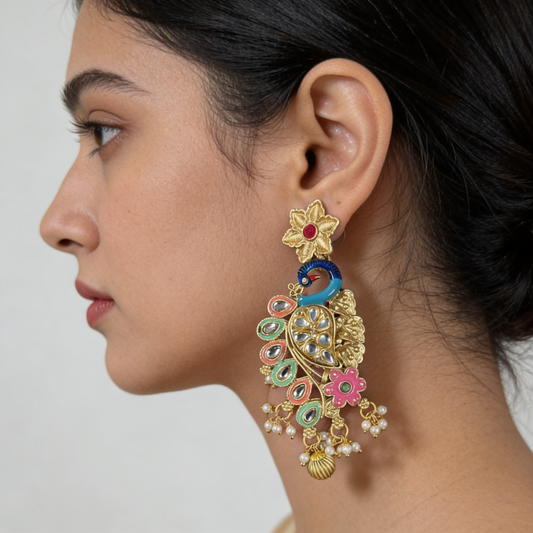 Gold Peacock Multicolour Kundan Earrings | BME