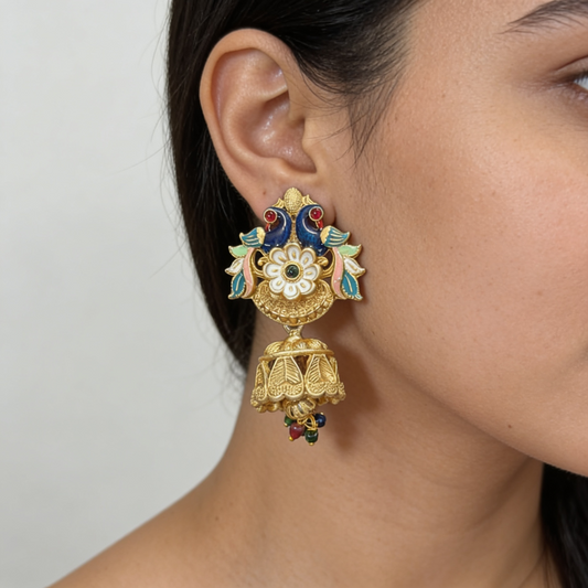 Gold Peacock Floral Jhumka Earrings