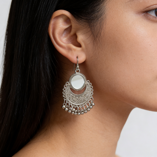 Silver Mirror Chandbali Earrings