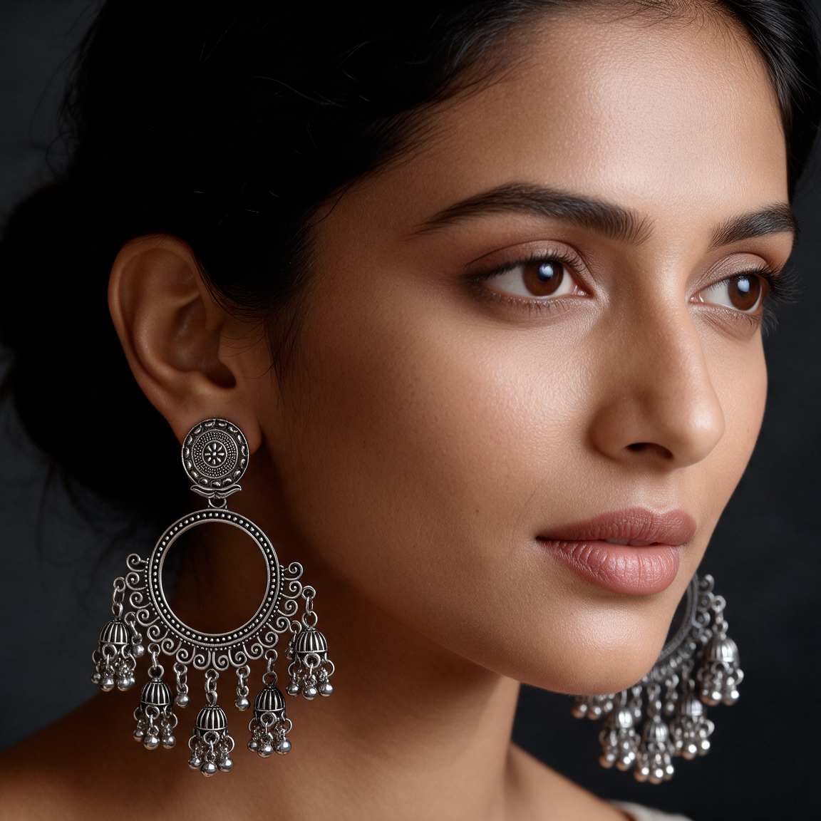 Antique Oxidised Silver Chandbali Jhumka Earrings
