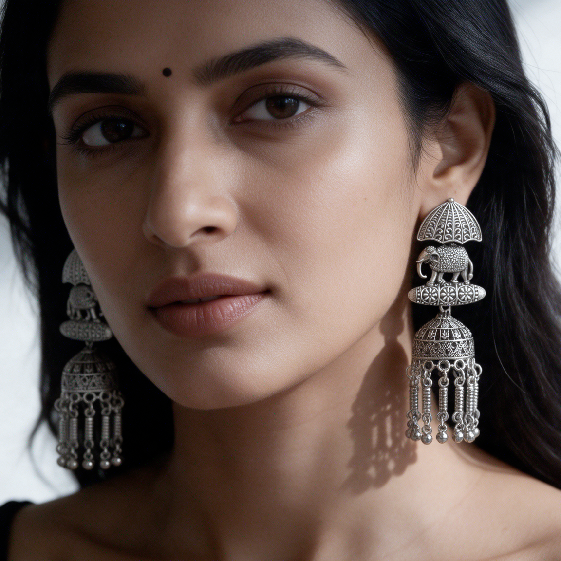 Antique Oxidised Silver Elephant Jhumka Earrings