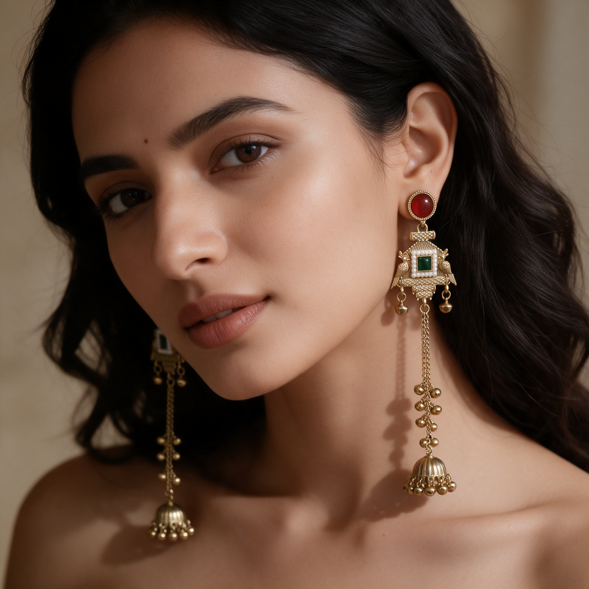 Gold Plated Green Stone Long Jhumka Earrings