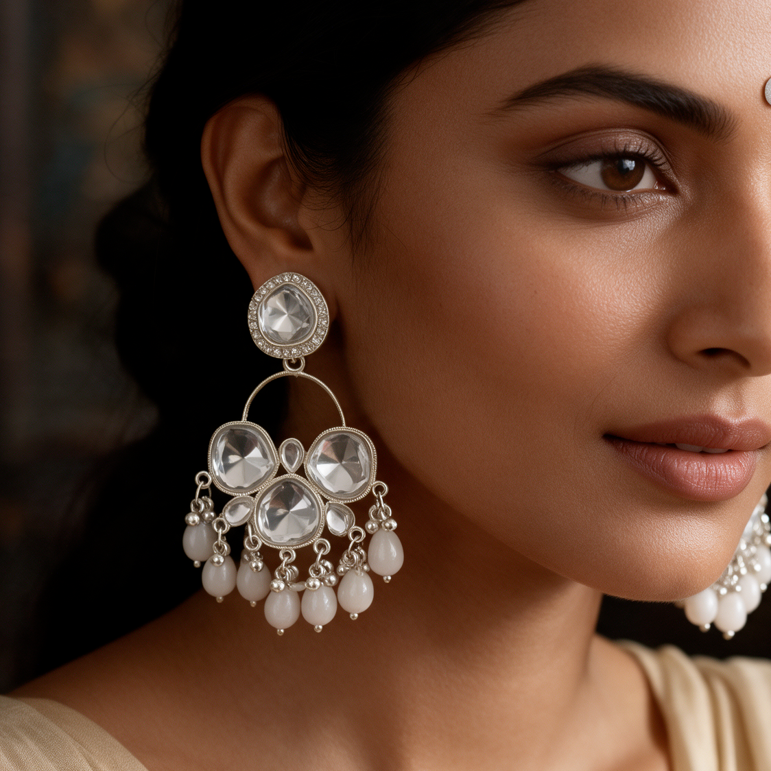 White Pearl Drop Chandbali Earrings