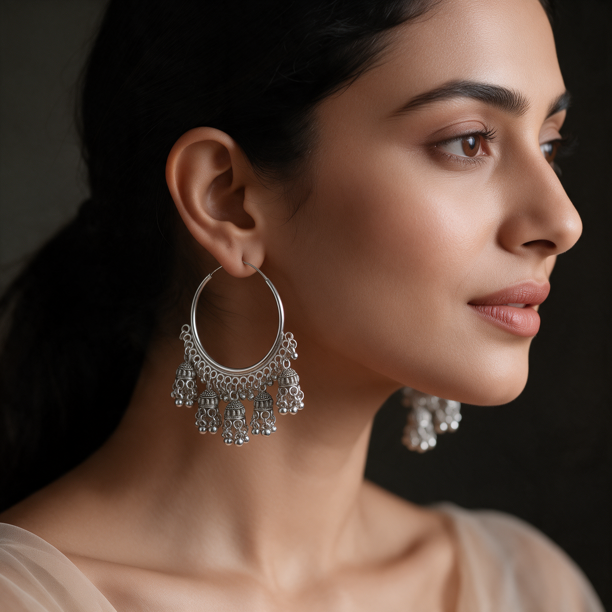 Oxidised Silver Jhumka Hoop Earrings With Ghungroo Details For Women